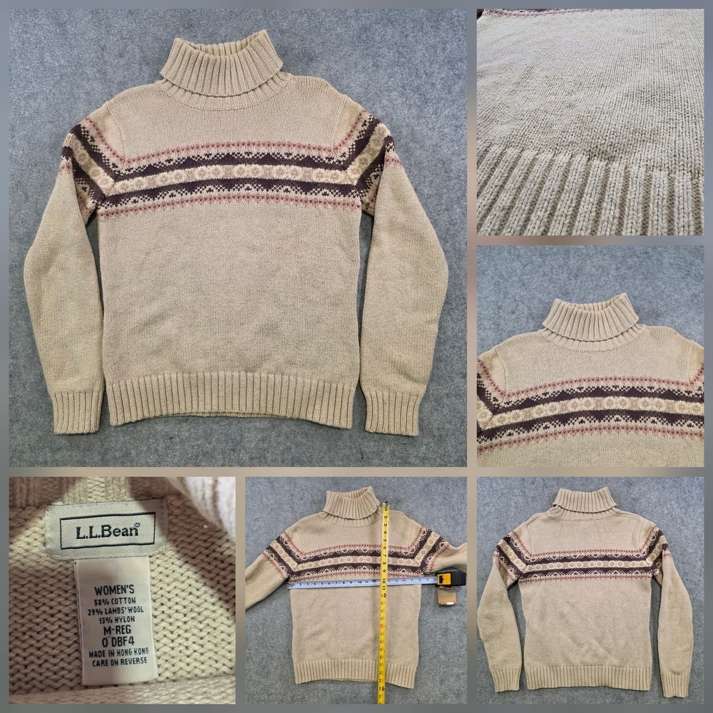 LL Bean Sweater Womens Medium Beige Fair Isle Turtleneck Wool Knit Pullover